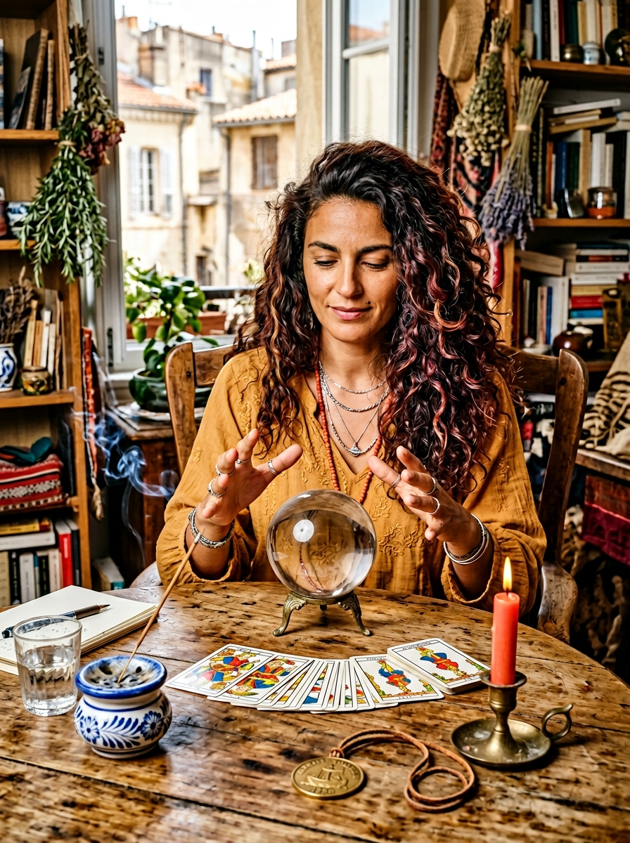 Anaïs Santori en consultation médiumnique dans son cabinet à Marseille