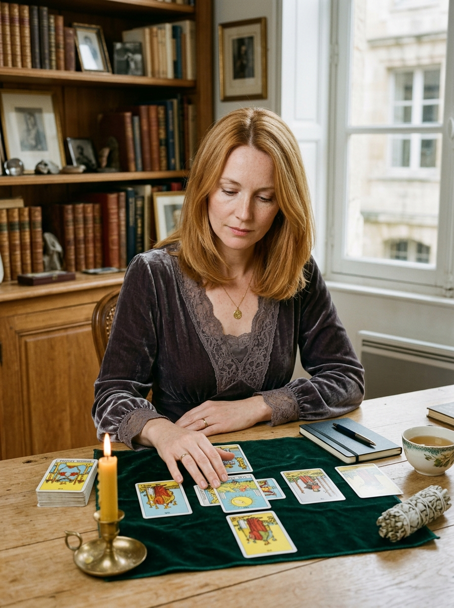 Camille Dufresne en consultation tarot dans son cabinet à Bordeaux
