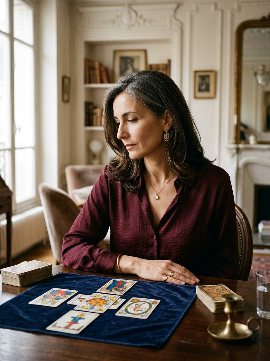 Élise Dumont en consultation, tirage de tarot de Marseille