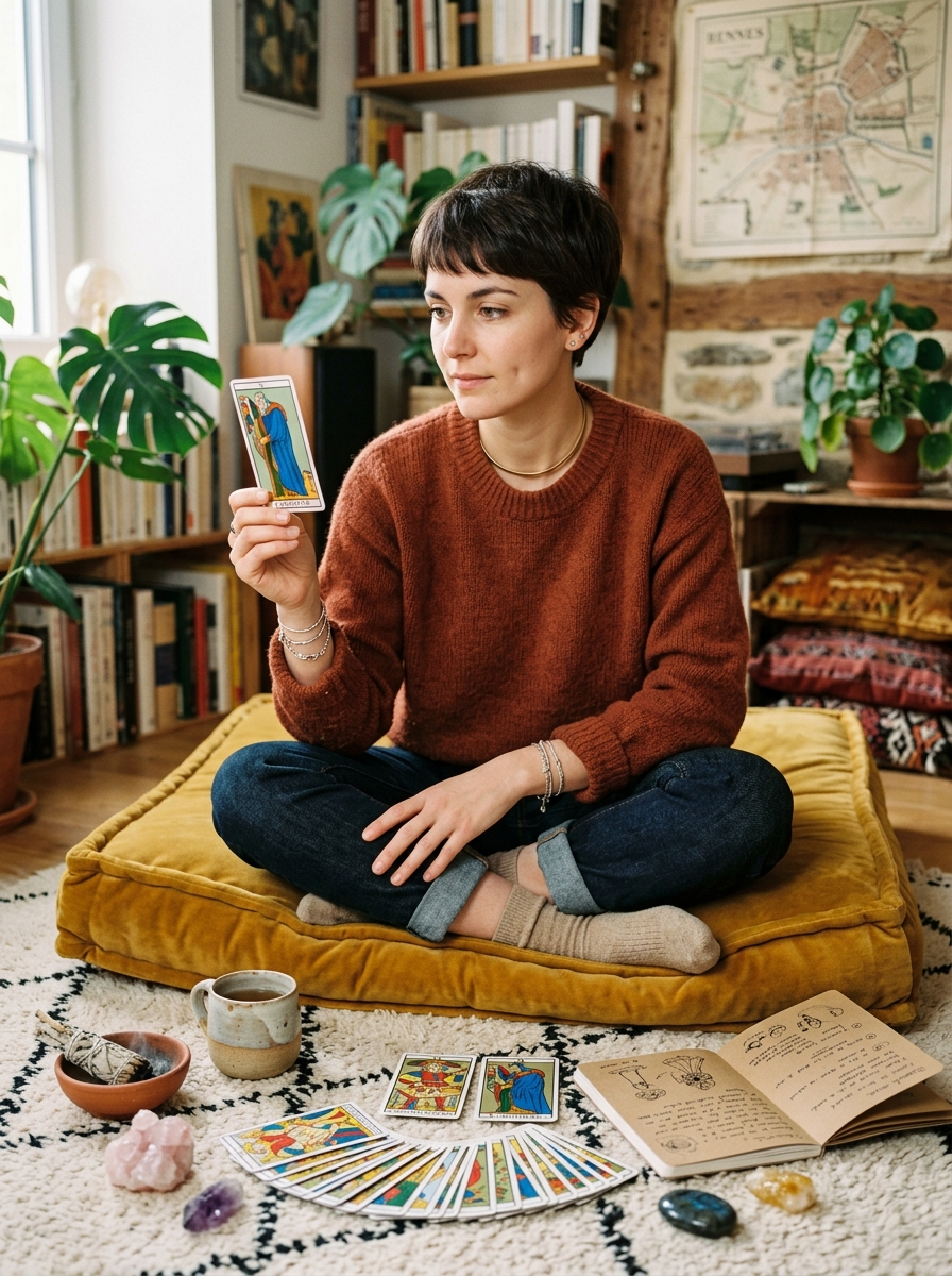 Léa Moreau en consultation de cartomancie dans son cabinet à Rennes