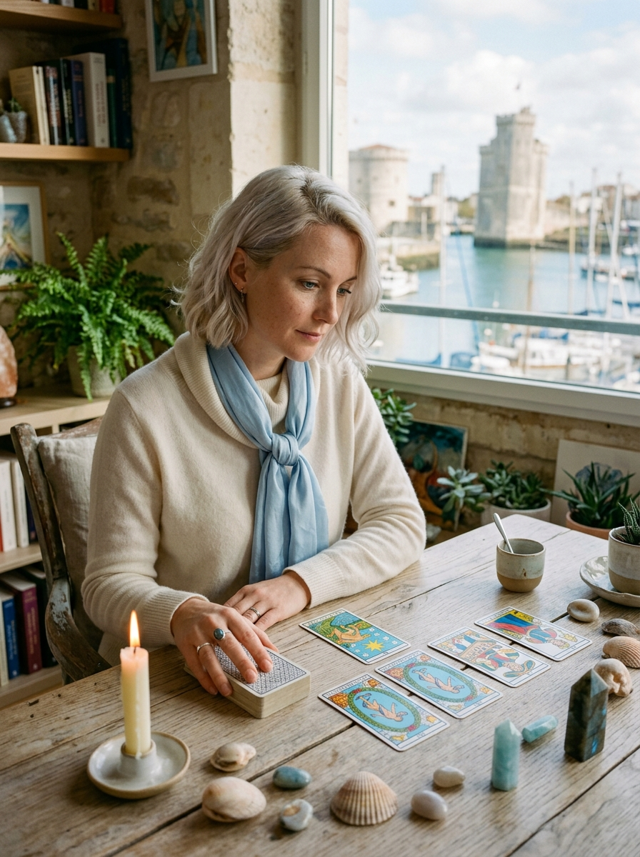 Océane Dubois en consultation de tarot dans son cabinet à La Rochelle