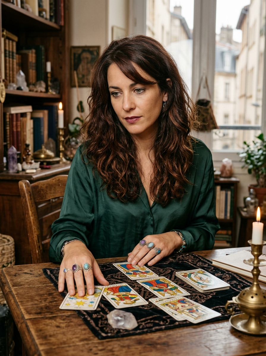 Sophie Delacroix en consultation tarot dans son cabinet à Lyon